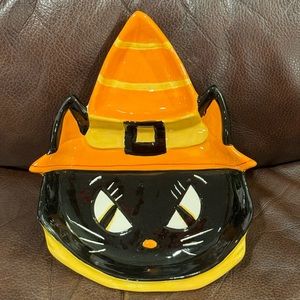 Black Cat in Witch Hat Two Section Halloween Dish - Transpac Little Village